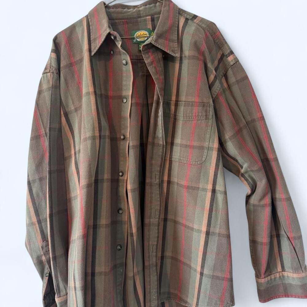 Cabela's Men's Plaid Flannel Button-Down Shirt Brown Red XL